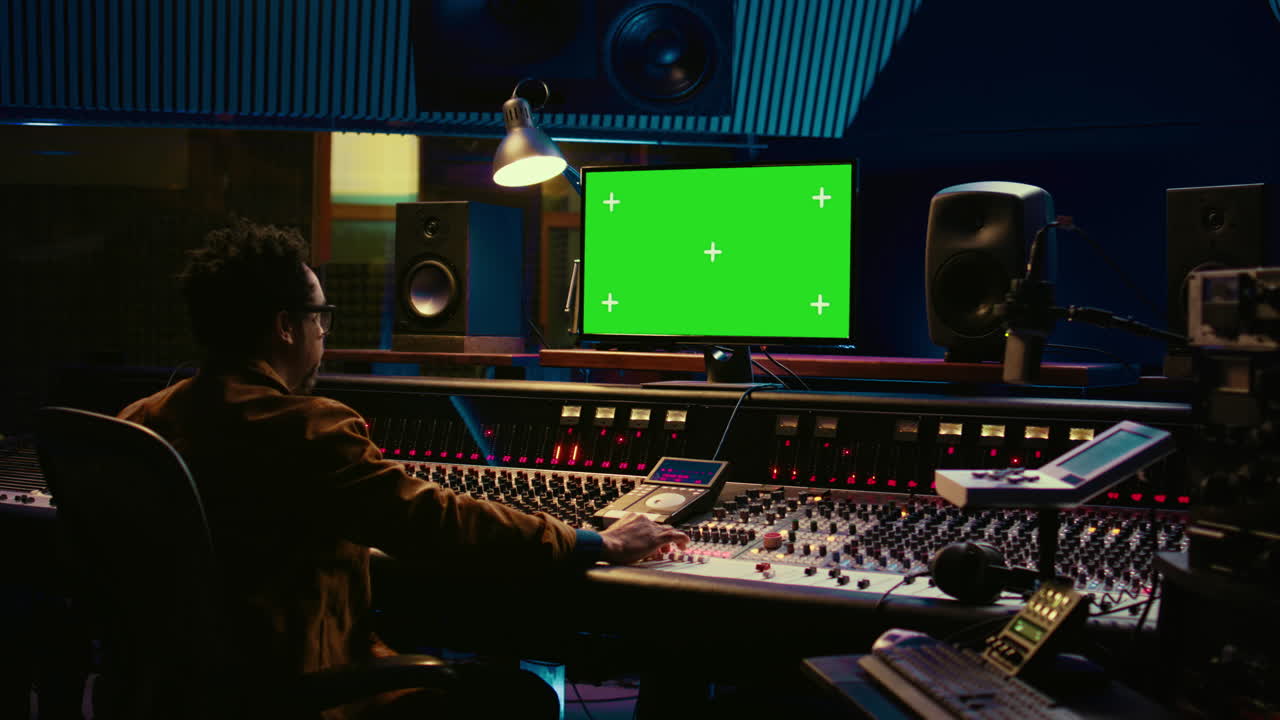 Ingegnere del suono afroamericano che lavora nella sala di controllo con la console di mixaggio