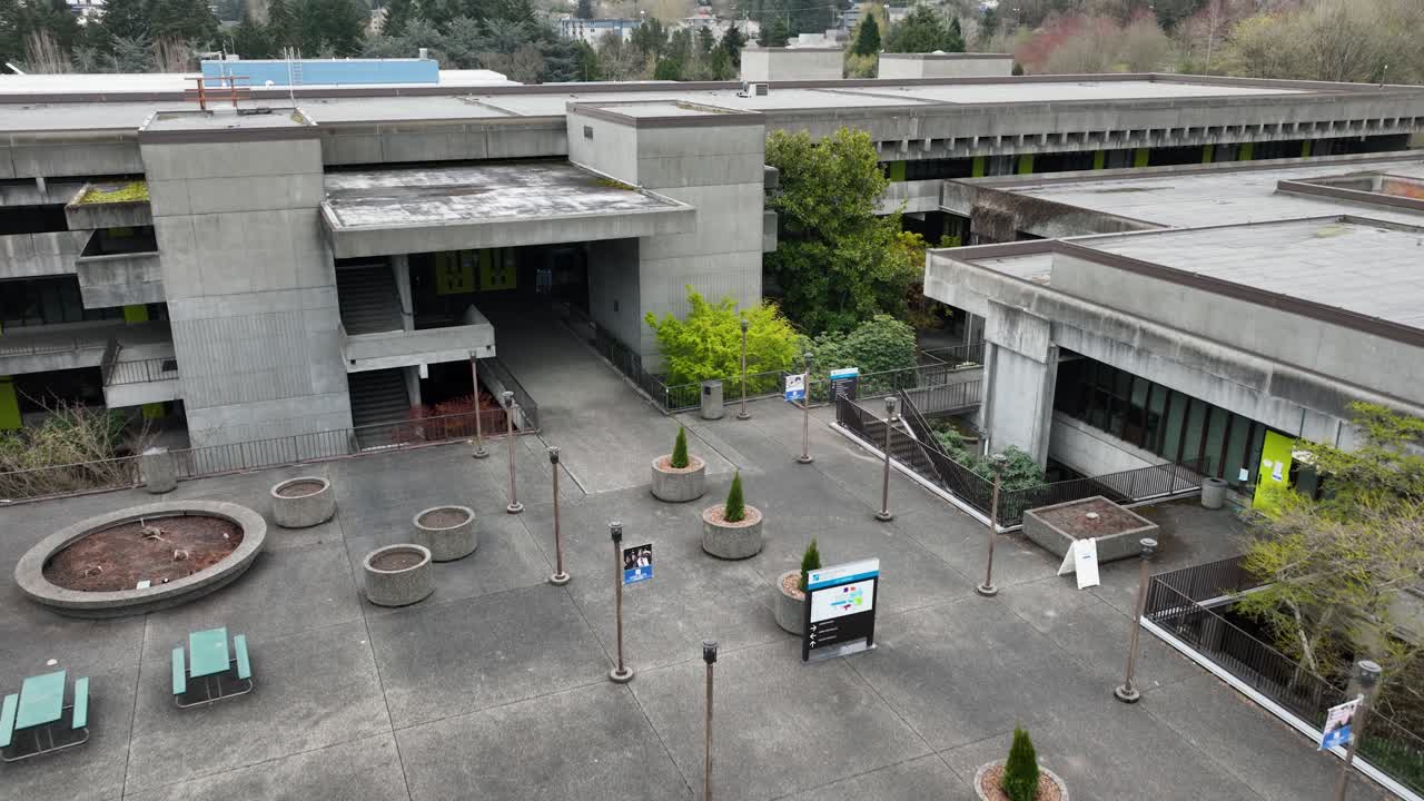 Drone shot of North Seattle College's concrete courtyard