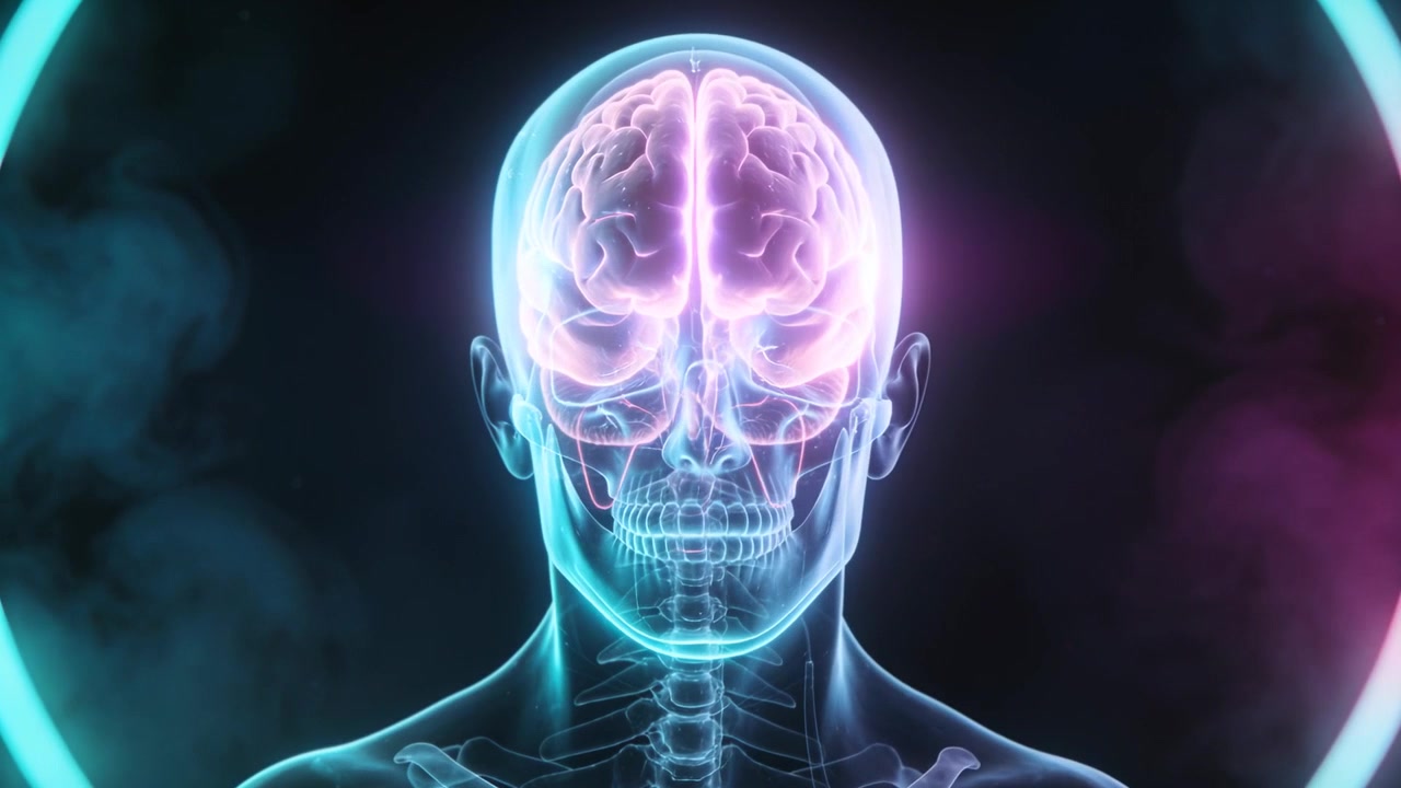 Avvio animazione, modello di cranio trasparente che ruota di profilo verso la vista frontale in laboratorio, mostrando il cervello con un alone