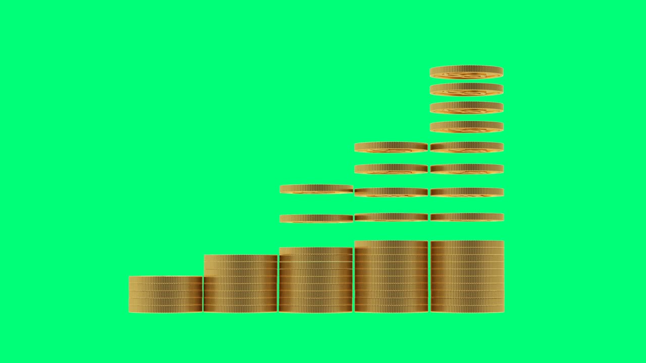 3D animation of coins falling into graph on a green screen. 4K