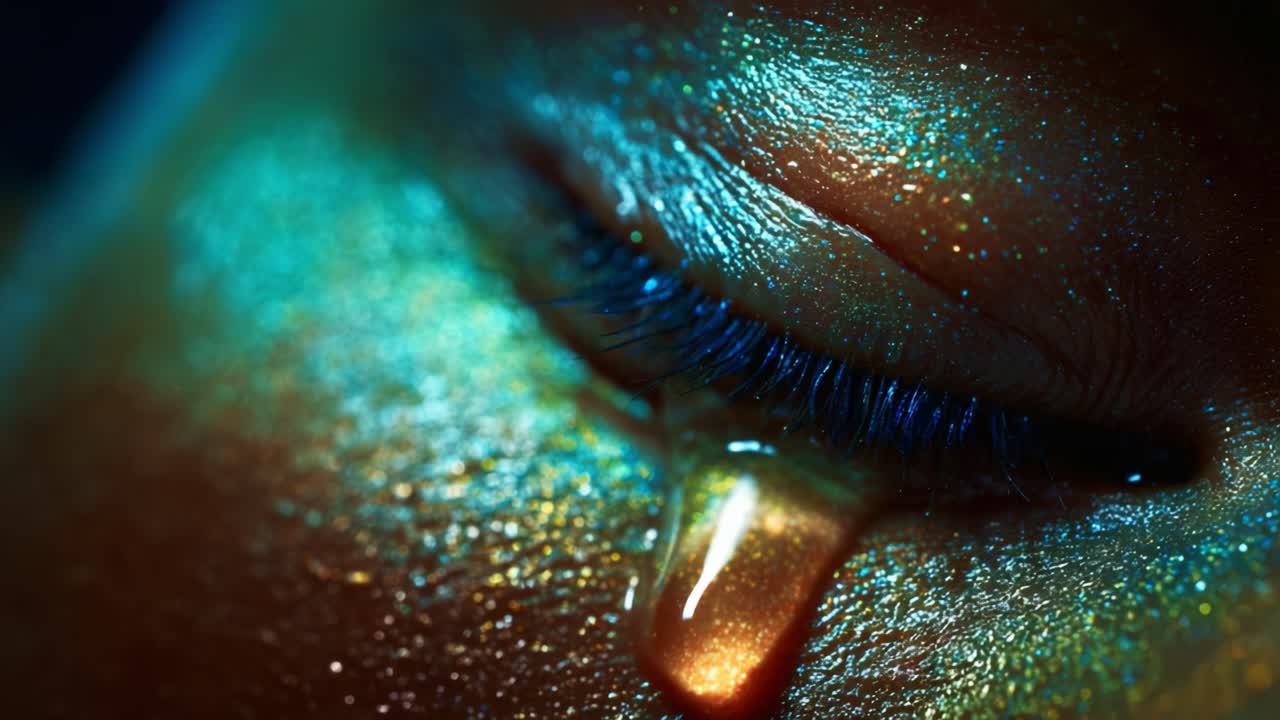 A close-up view capturing the delicate interplay of light and texture on a tear-streaked eyelid, showcasing shimmering hues and deep emotional undertones in a stunning artistic expression