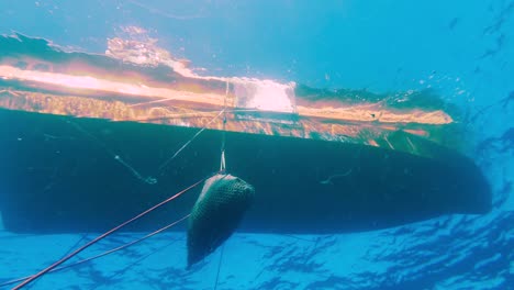 Extracting-shellfish-from-the-bottom-of-the-sea-on-a-net-bag-to-the-boat---Underwater-shot