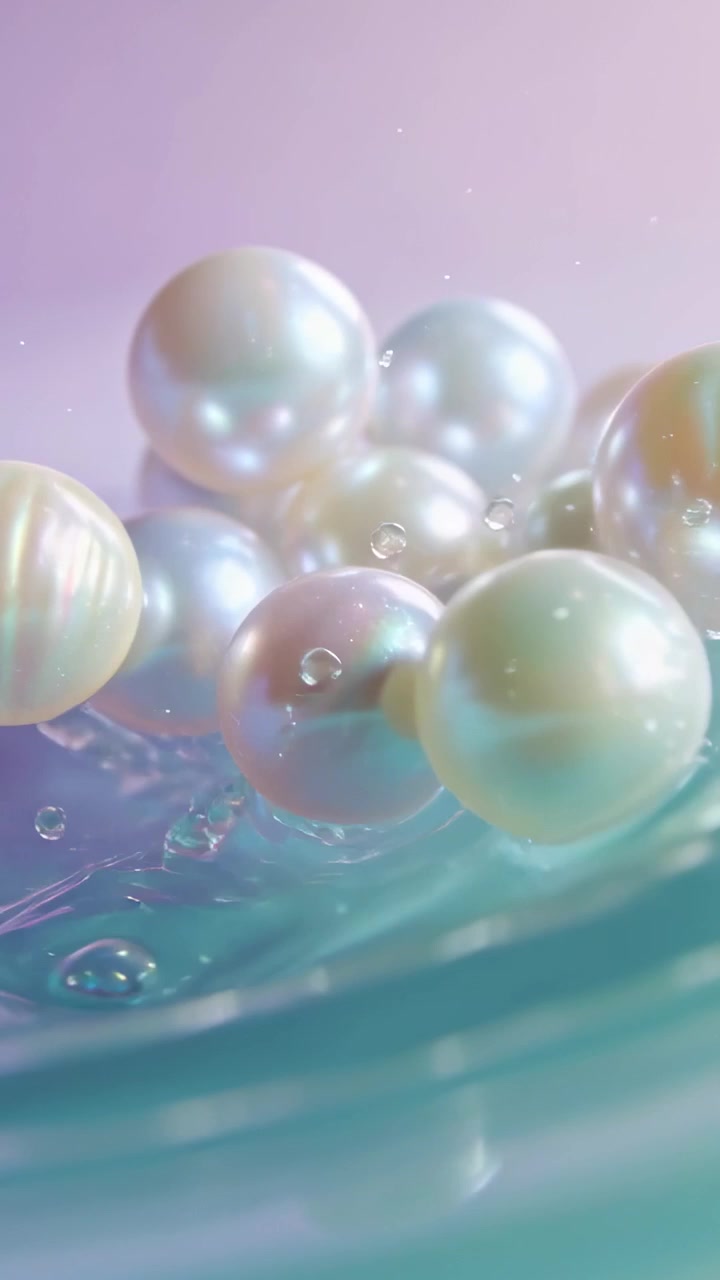 Video verticale: Perle che ondeggiano e si spostano mentre un'onda passa a sinistra su gel turchese, rilasciando goccioline.