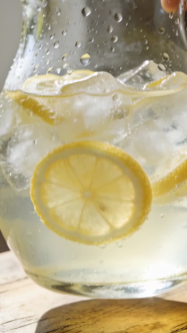 Mano adulta che entra dall'alto a destra afferrando la maniglia, sollevando una brocca, spostando ghiaccio e limone per una pubblicità di bevande