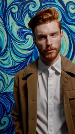 man in a brown coat, inspired by van gogh's starry night