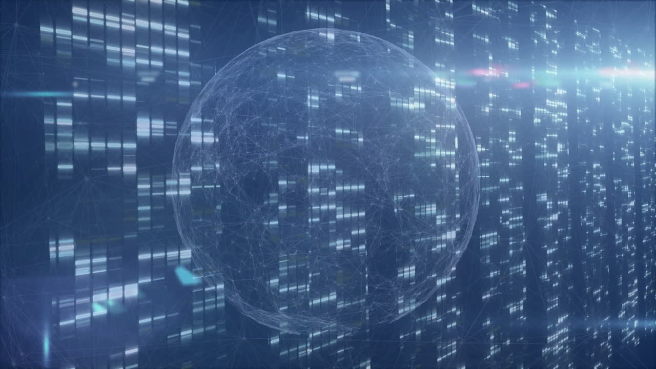 Animation of digital globe with glowing data streams and network connections