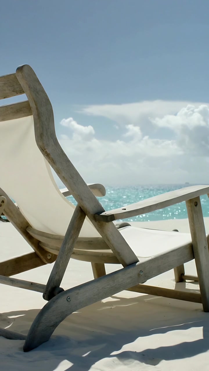 Vertical video: Shifting sun bathing wooden chair with cream sling on sand, turquoise sea, clouds