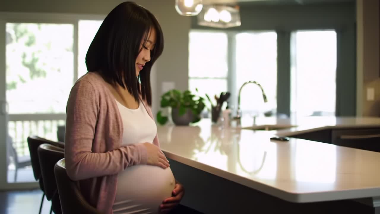 A Glimpse of Anticipation: A Pregnant Woman Reflects on the Journey of Motherhood While Cradling Her Baby Bump in a Welcoming Kitchen Environment