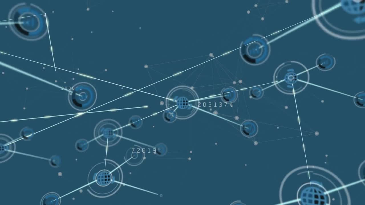 파란색 배경에 선과 증가하는 숫자로 연결된 지구상 아이콘과 점의 애니메이션