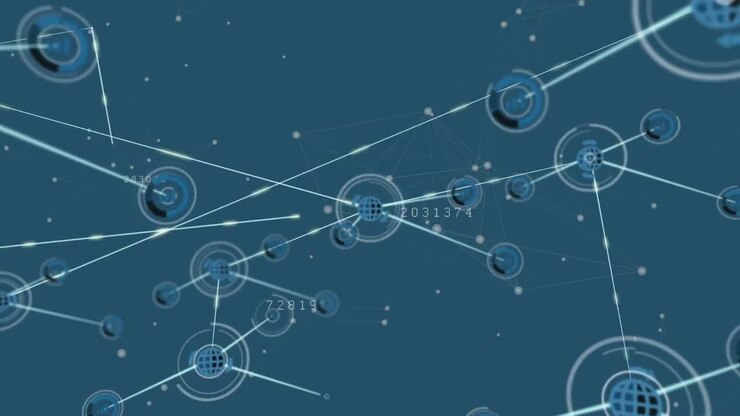 Animazione di icone del globo e punti connessi con linee e numeri crescenti su sfondo blu