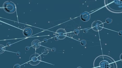 animación de iconos de globos y puntos conectados con líneas y números crecientes sobre fondo azul