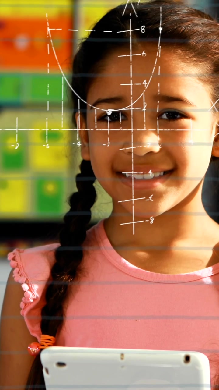 Mathematical equations and school concept icons against girl using digital tablet in class