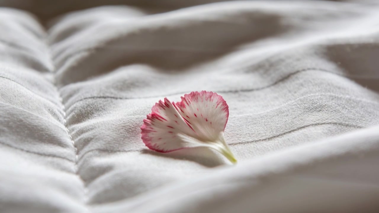 Petalo con bordo rosa che fluttua spinto dalla brezza, posandosi su un letto trapuntato, la telecamera sposta la messa a fuoco mostrando delle macchie.