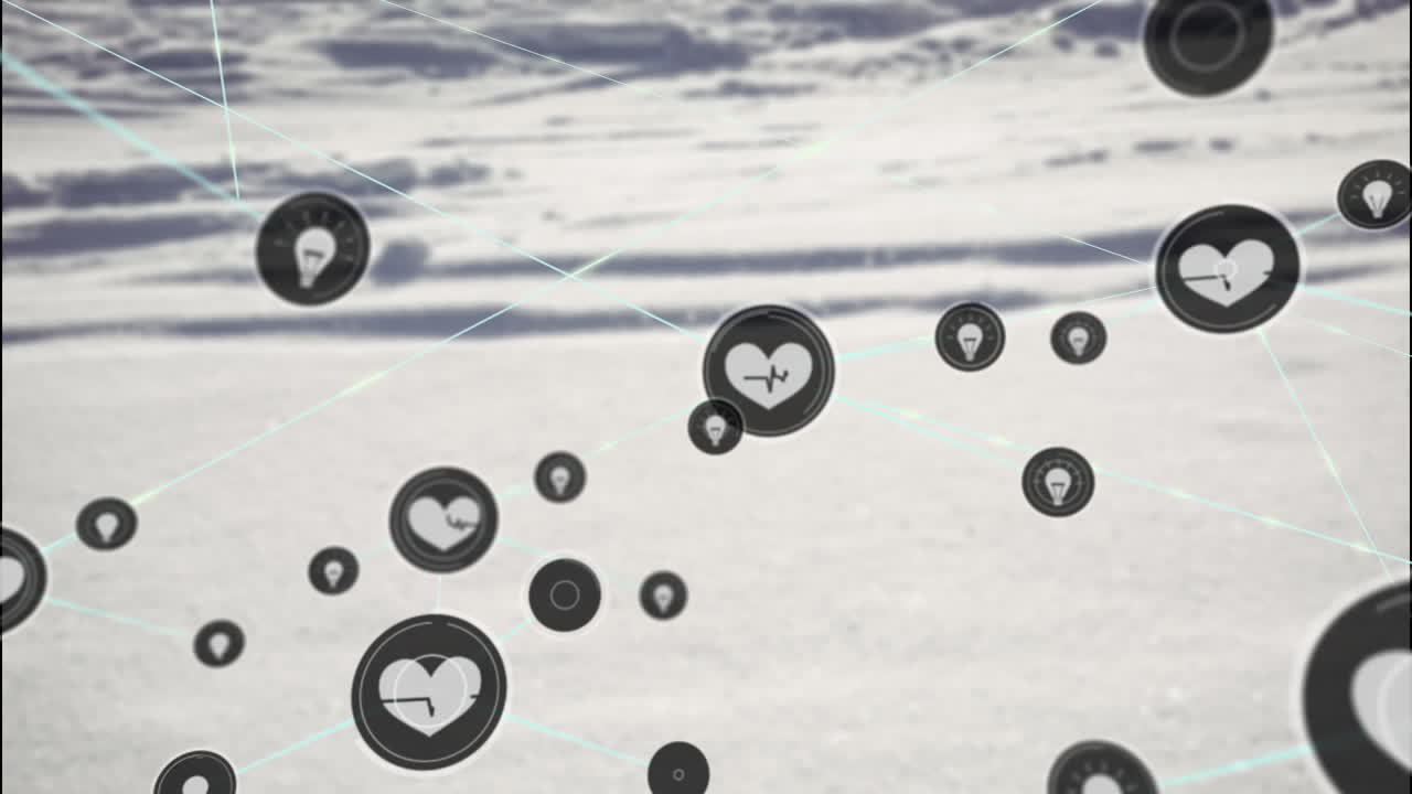 구름이 있는 하늘 위의 아이콘으로 연결된 네트워크의 애니메이션