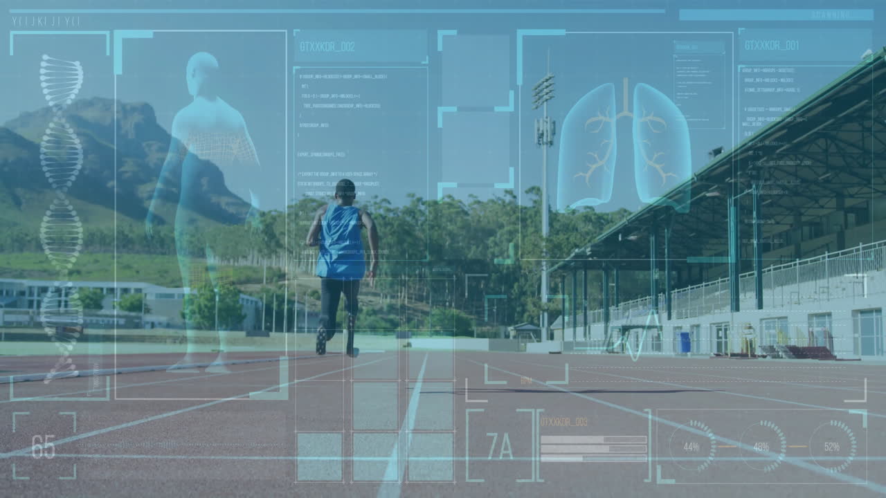 Runner on track with health data and lung analysis animation over landscape
