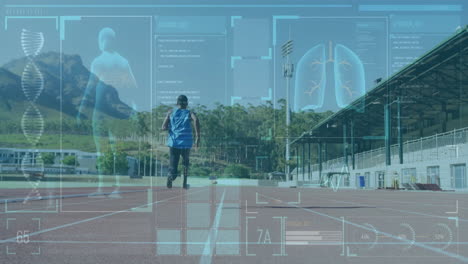 runner on track with health data and lung analysis animation over landscape