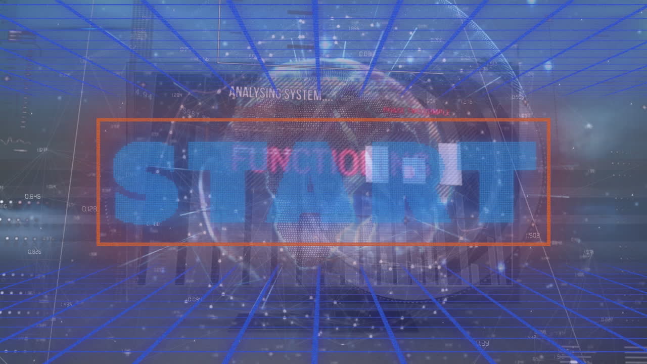 검은색 배경에 지구와 시계와 함께 데이터 처리에 대한 시작 텍스트의 애니메이션