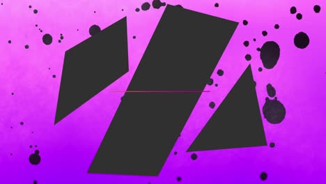 Animation-of-pink-line-and-grey-geometric-shapes-with-black-splodges-on-purple-background