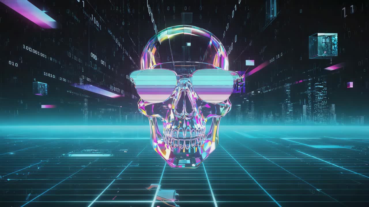 Teschio synthwave con paesaggio urbano futuristico