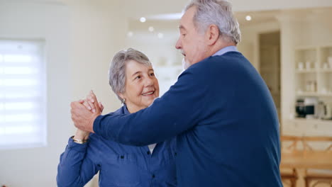 dance, love and senior couple in home for bonding