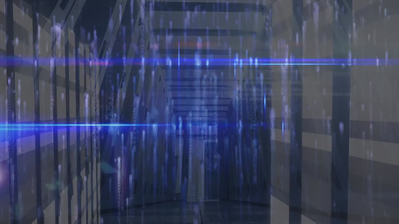 Animation of data processing over glowing light trail and computer servers