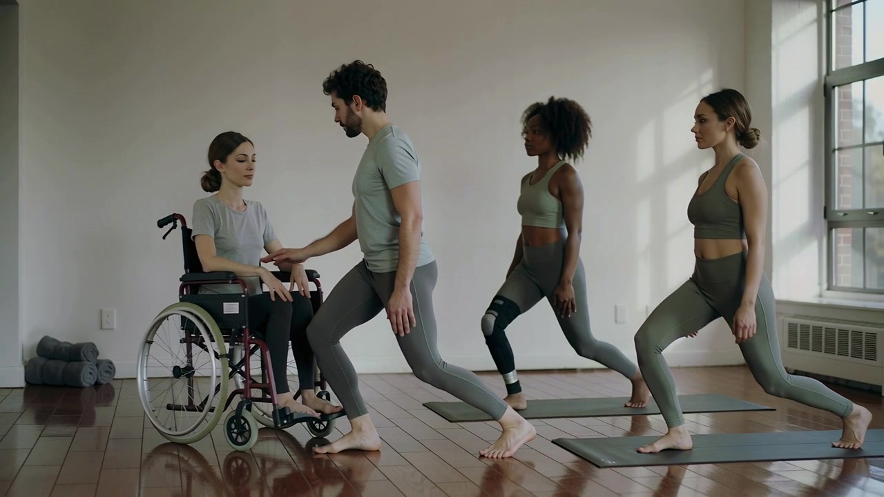 After cue, instructor stepping into lunge in studio, touching wheelchair woman to guide
