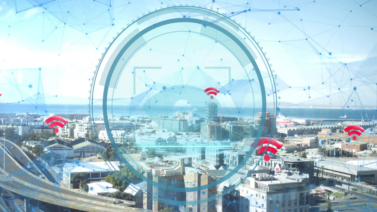 Urban cityscape with digital network animation showing blue geometric patterns