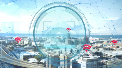 urban cityscape with digital network animation showing blue geometric patterns