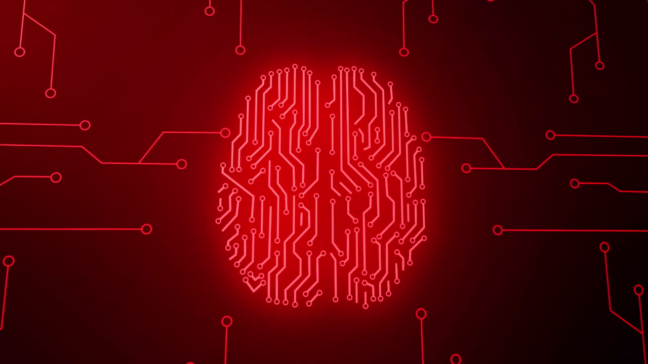 animación de la red roja de conexiones y el cerebro sobre fondo negro