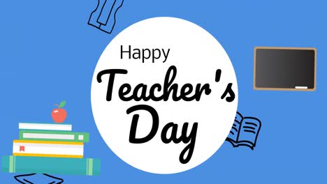 Animation-of-happy-teacher's-day-text-over-school-icons-on-blue-background