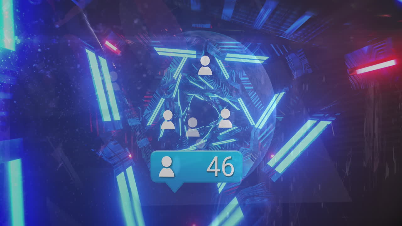 Animation of changing numbers in notification bar, profile icons over triangular tunnel