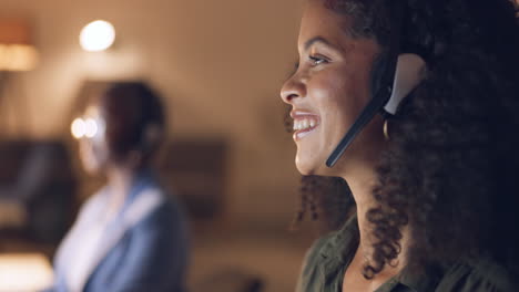 call center, night and black woman consulting