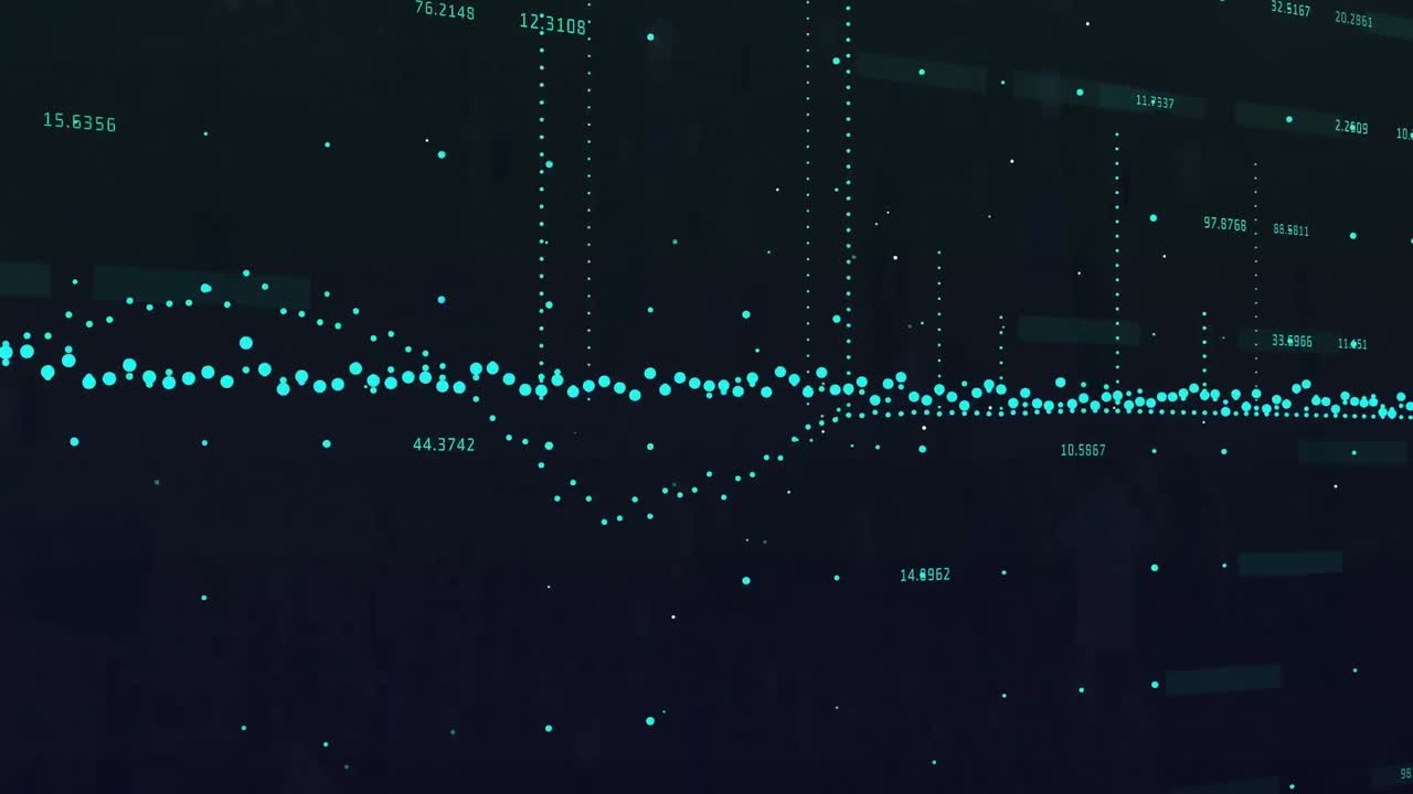 Animation of financial data processing over arrows on black background