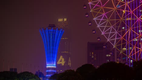 night time illuminated changsha city famous ferris wheel park skyscraper panorama timelapse 4k china