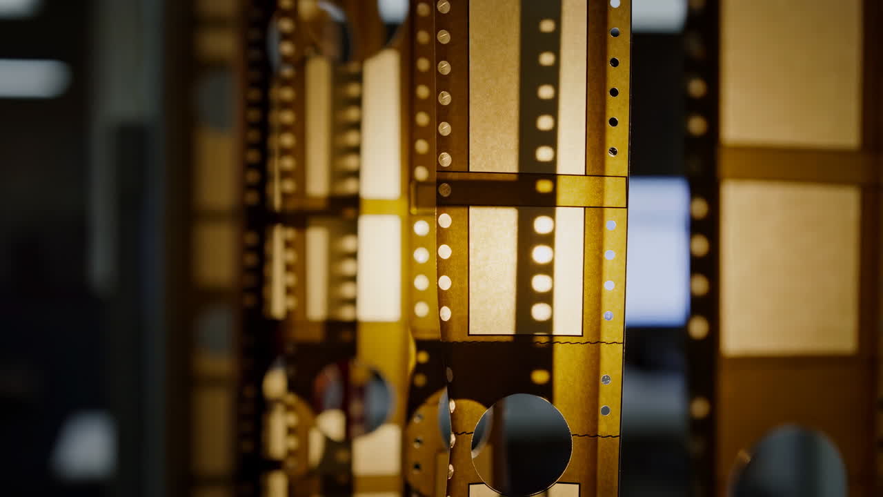 Primo piano di perforazione di pellicola illuminata da luce dorata, striscia di celluloide vintage infilata nel gate di un proiettore