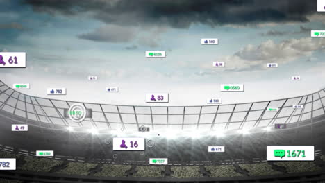 animación de iconos de las redes sociales flotando contra el estadio deportivo