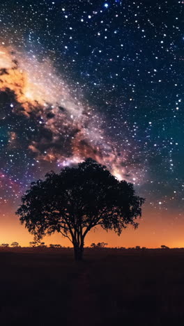 a tree stands in a field of grass under a starry sky. the sky is filled with stars and the moon is visible. the scene is peaceful and serene, with the tree providing a sense of stability