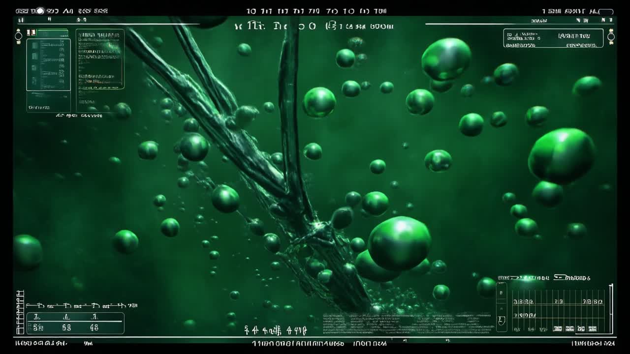 Futuristic Biological Scan of Green Cells and Fibers
