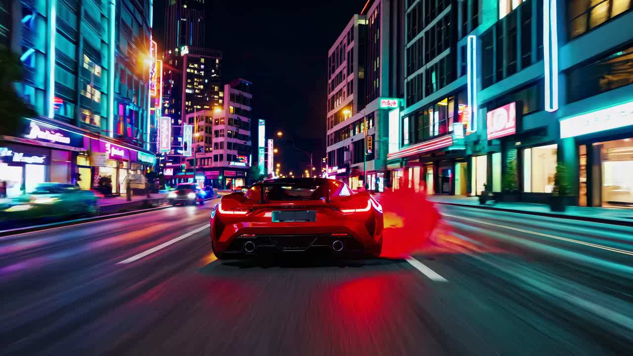 빨간 스포츠카가 야간 도시를 달리고 있습니다.