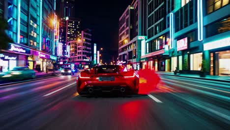 red sports car racing through a night city