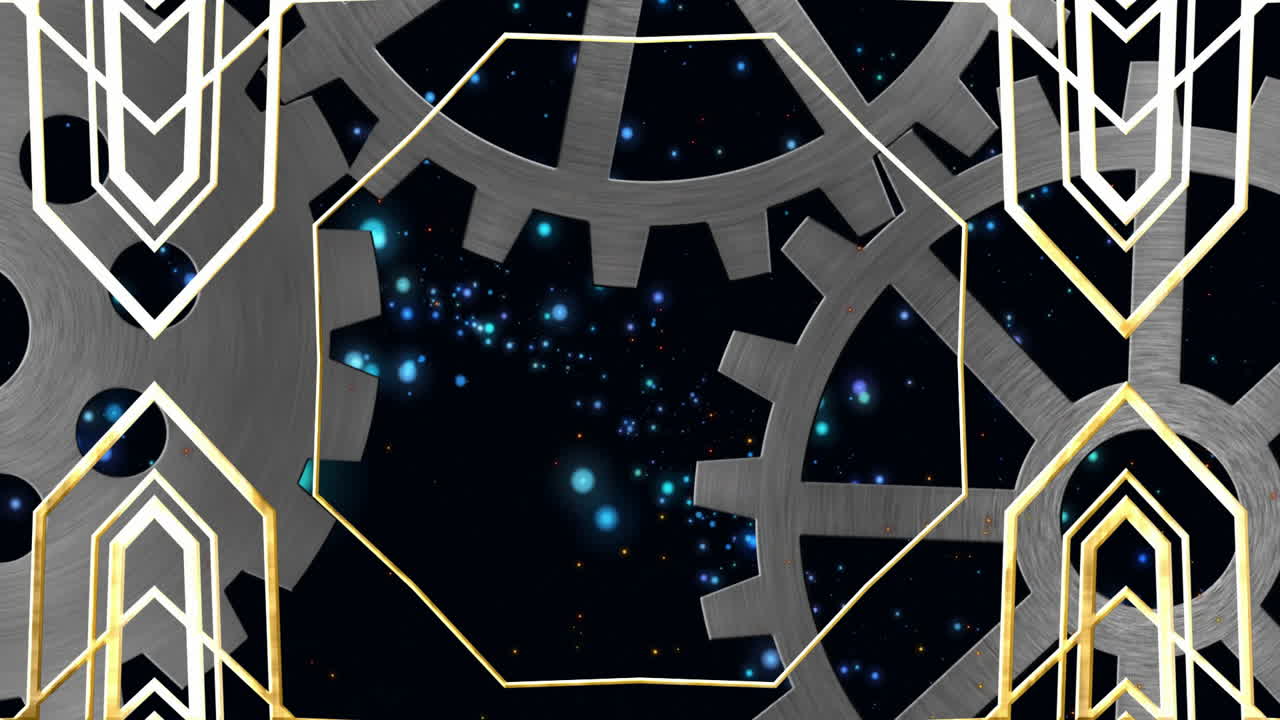 Animation of interlocking gears with golden frames over starry night sky background