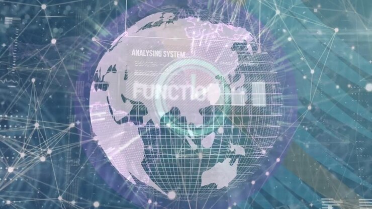 Animation of financial data processing, network connecting dots, globe on graphic interface