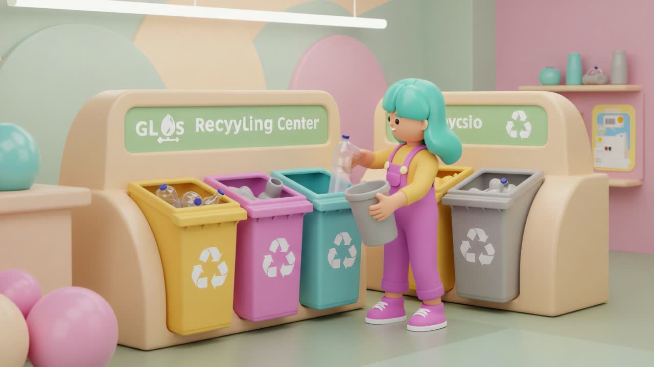 A Colorful Animated Recycling Center Where a Character Sorts Waste into Different Bins Promoting Environmental Awareness and Proper Recycling Practices