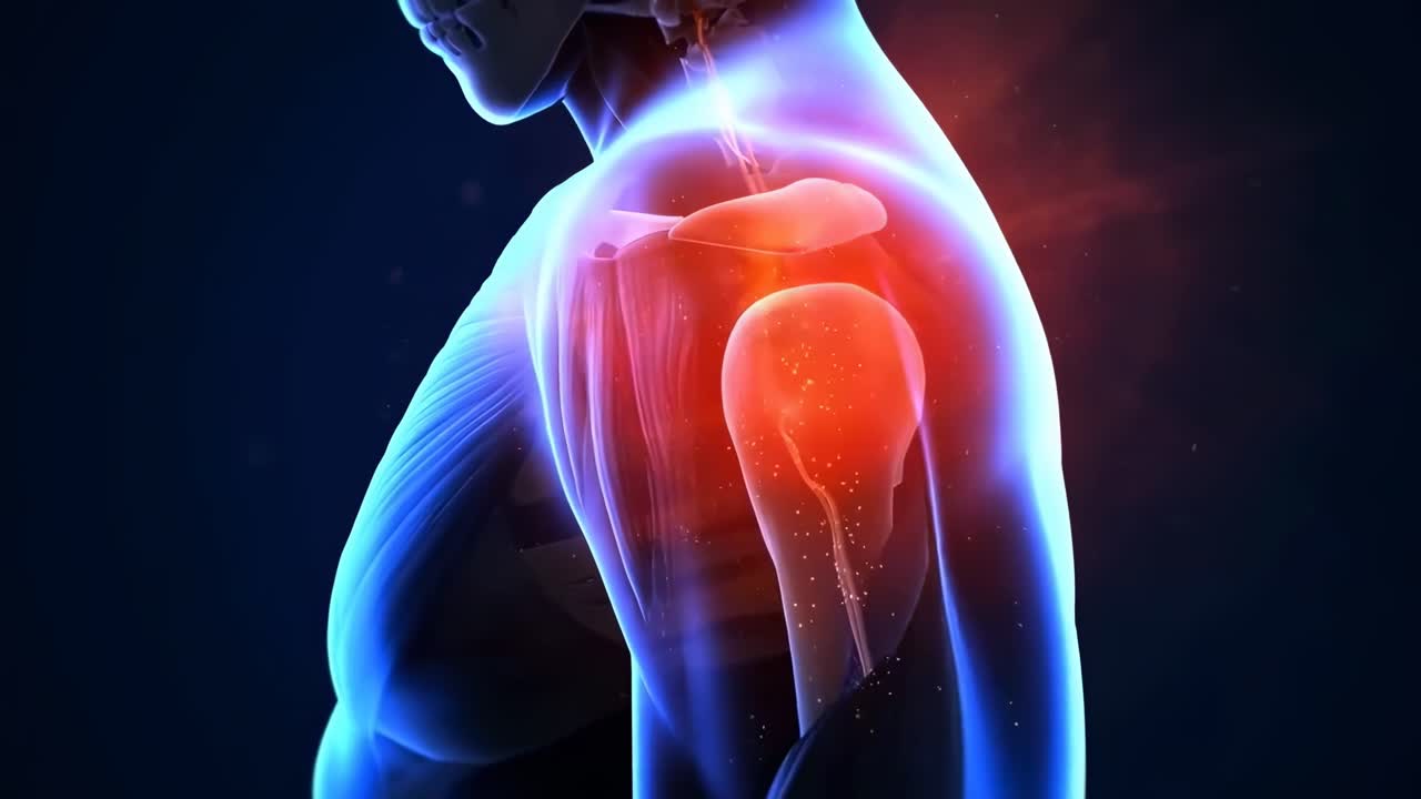 Video 3D di una spalla umana dolorante, vista laterale, che evidenzia l'anatomia e l'infiammazione.