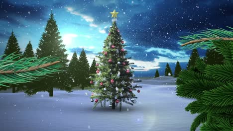 Animación-De-Nieve-Cayendo-Sobre-El-árbol-De-Navidad-En-El-Paisaje-Invernal.