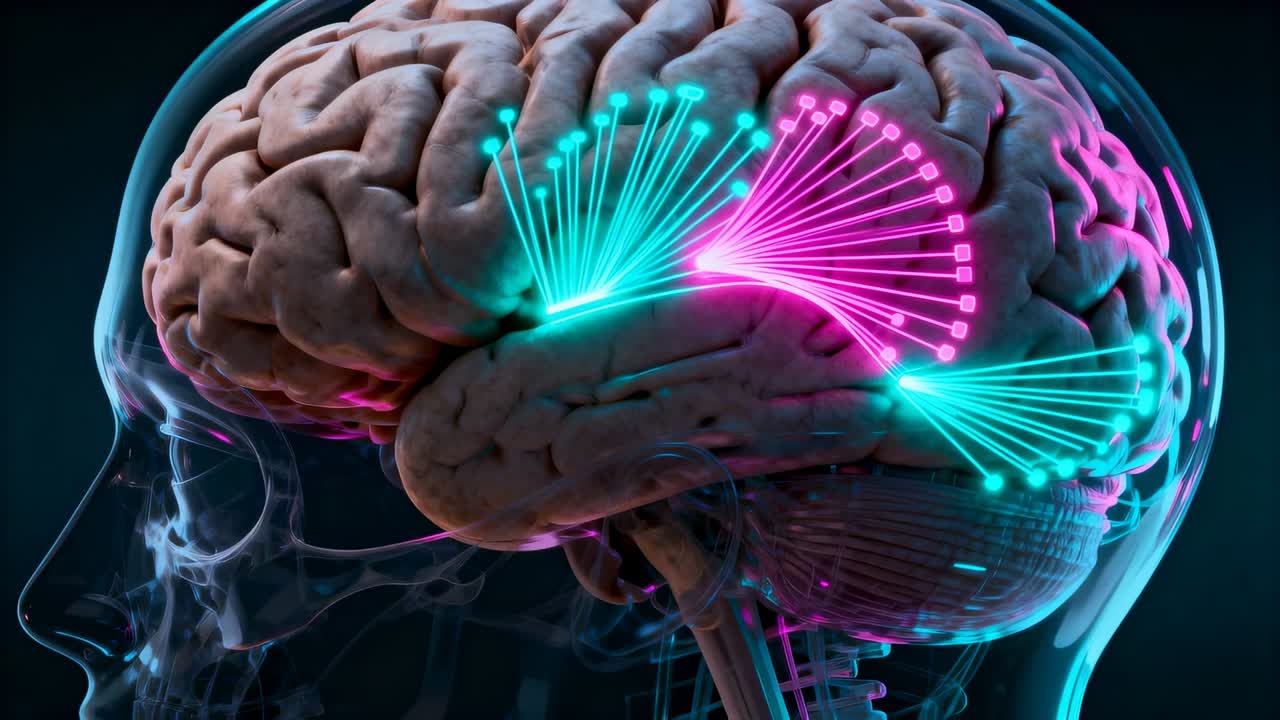 Pulsing brain cycling cyan magenta response after cyan node pulse in studio for study, skull seen