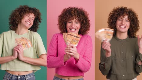 multiple screen montage: thrilled and excited woman with cash in hand