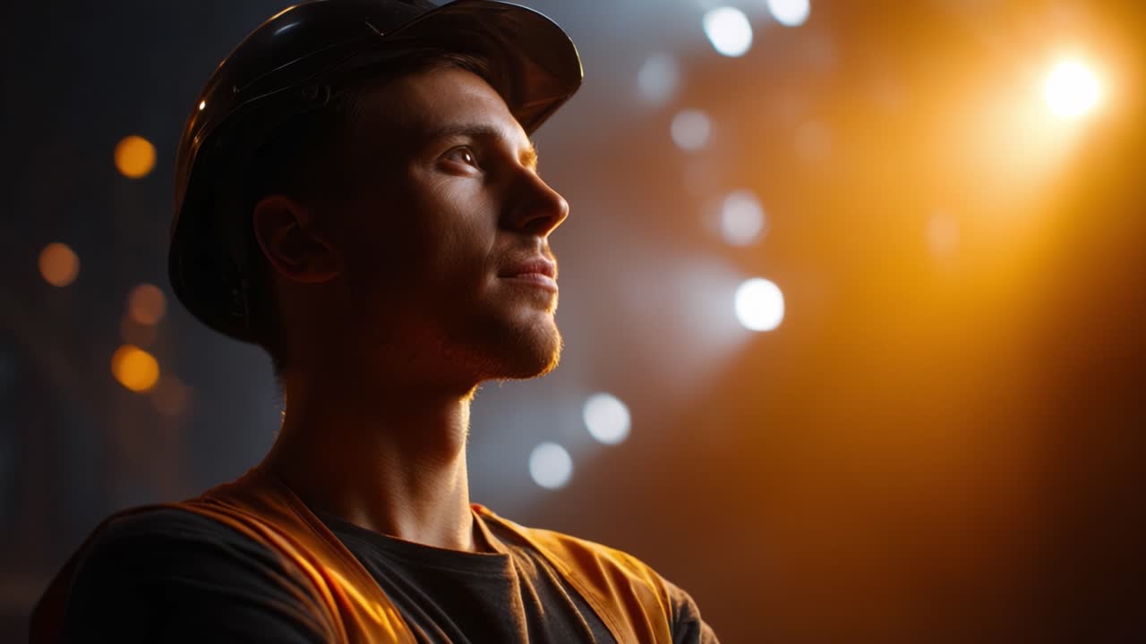 A Focused Construction Worker in a Hard Hat Contemplates His Next Move Amidst a Background of Soft Golden Lights and Professional Ambiance