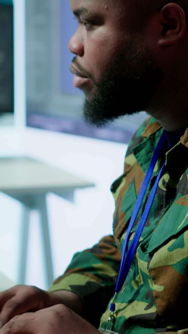 Vertical Video Group of soldiers in office environment collaborates on intelligence analysis