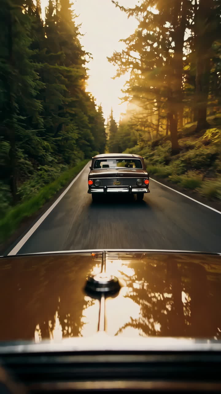 Vintage Car Drive Through a Forest at Sunset